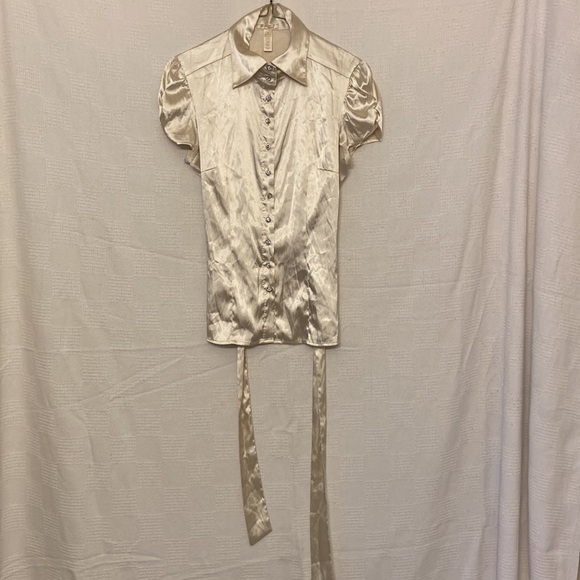 EUC Ambiance Apparel Belted Silky Blouse, Light Champagne Color, size US Medium - Picture 4 of 7